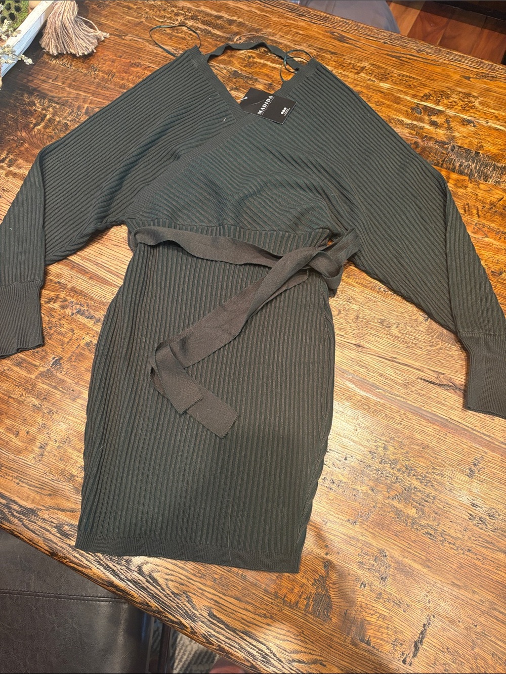 Ribbed Knit Midi Dress with Belt - Dark Olive